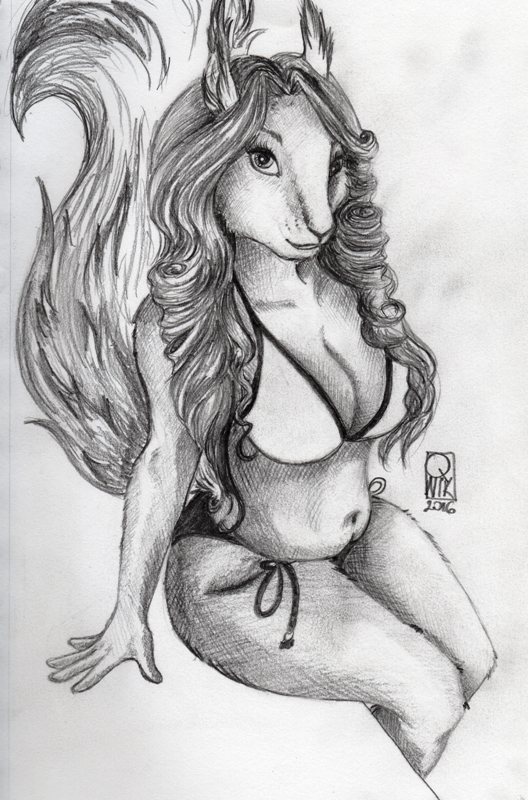 2016 anthro belly big_breasts bikini biped breasts cleavage clothed clothing collarbone curly_hair ear_tuft eyelashes female fluffy fluffy_tail front_view fur greyscale hair hatching_(technique) haterina_(q-nik) long_hair long_tail looking_at_viewer mammal midriff monochrome muzzle_scabs navel pencil_(artwork) pinup pose q-nik rodent shadow side-tie_bikini simple_background sitting skimpy small_waist smile snout solo squirrel swimsuit traditional_media_(artwork) tuft white_background