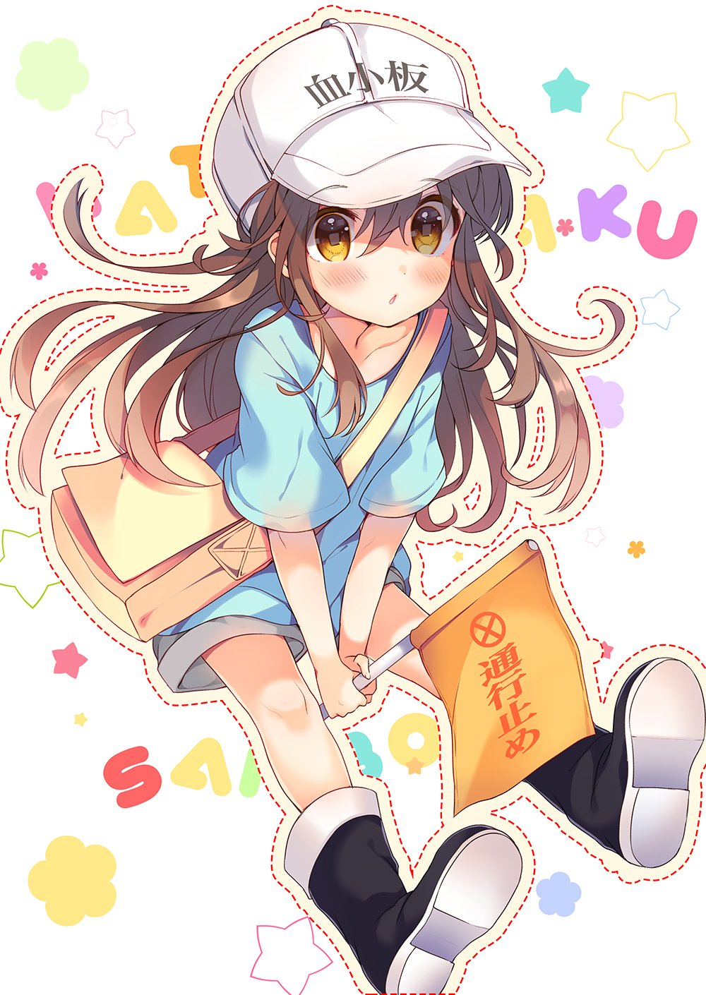 baseball_cap blush boots brown_hair commentary eyebrows_visible_through_hair eyebrows_visible_through_hat flag hat hataraku_saibou highres kindergarten_uniform long_hair messenger_bag platelet_(hataraku_saibou) shorts shoulder_bag tesumint yellow_eyes