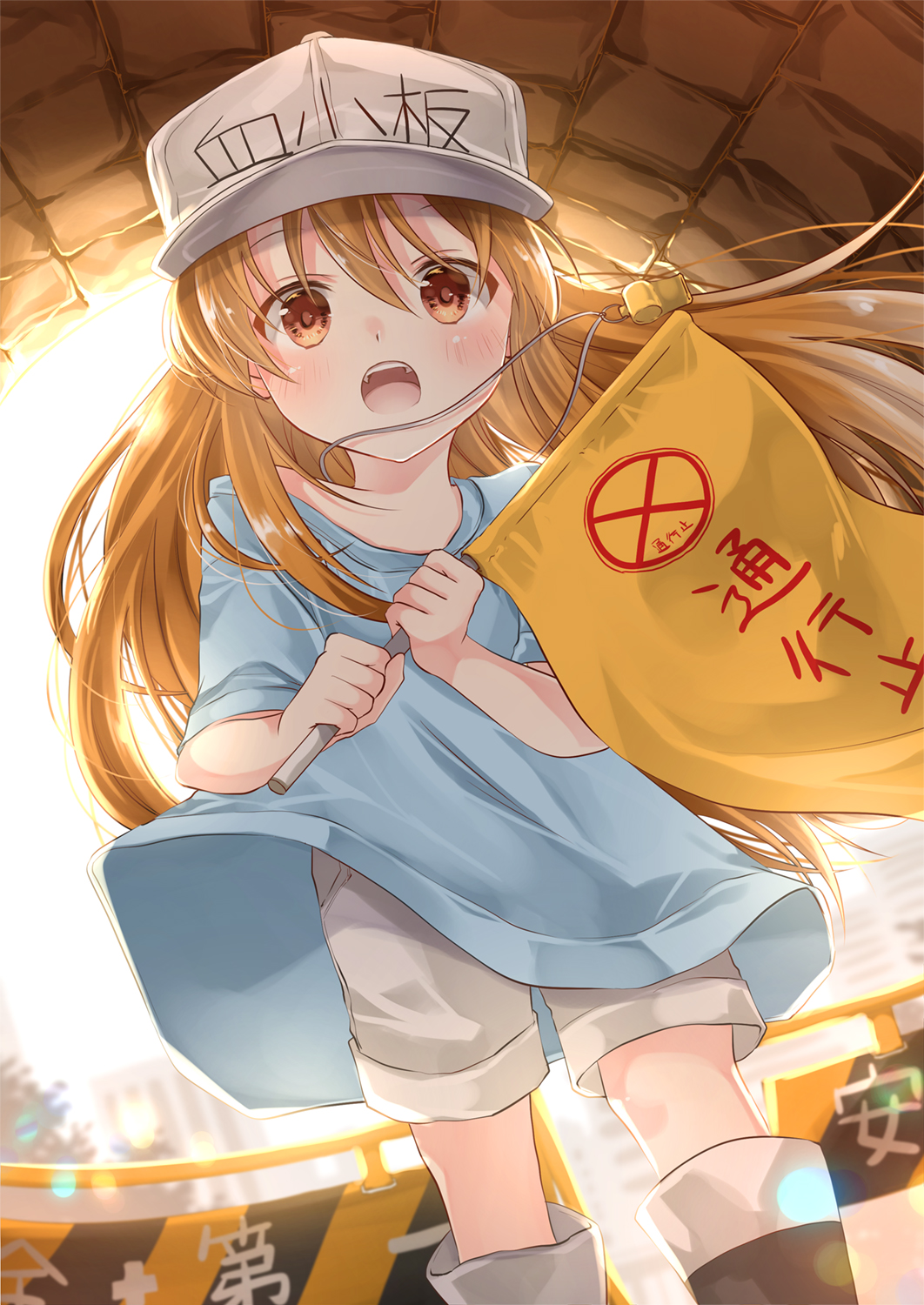 bangs black_footwear blue_shirt blurry blurry_background blush boots brown_eyes brown_hair character_name clothes_writing commentary_request depth_of_field dutch_angle eyebrows_visible_through_hair flag flat_cap grey_hat grey_shorts hair_between_eyes hat hataraku_saibou highres holding holding_flag iroha_(shiki) knee_boots long_hair looking_at_viewer open_mouth platelet_(hataraku_saibou) shirt short_shorts short_sleeves shorts solo standing very_long_hair
