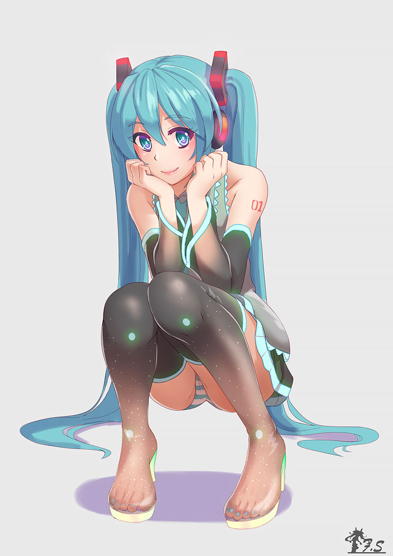 aqua_eyes aqua_hair bare_shoulders blush boots chin_rest detached_sleeves feet fs gradient hatsune_miku knees_together_feet_apart nail_polish no_socks panties pantyshot pantyshot_(squatting) see-through smile squatting striped striped_panties thigh_boots thighhighs toenail_polish toes twintails underwear vocaloid