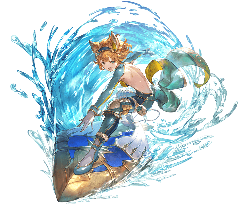 animal_ears armor ass backless_outfit bangs blue_eyes bodysuit breasts brown_hair cailana erune full_body gloves gold_trim granblue_fantasy hair_ornament hairband knee_pads looking_at_viewer medium_breasts minaba_hideo official_art open_mouth shiny shiny_clothes short_hair skin_tight solo surfboard surfing swept_bangs transparent_background water waves