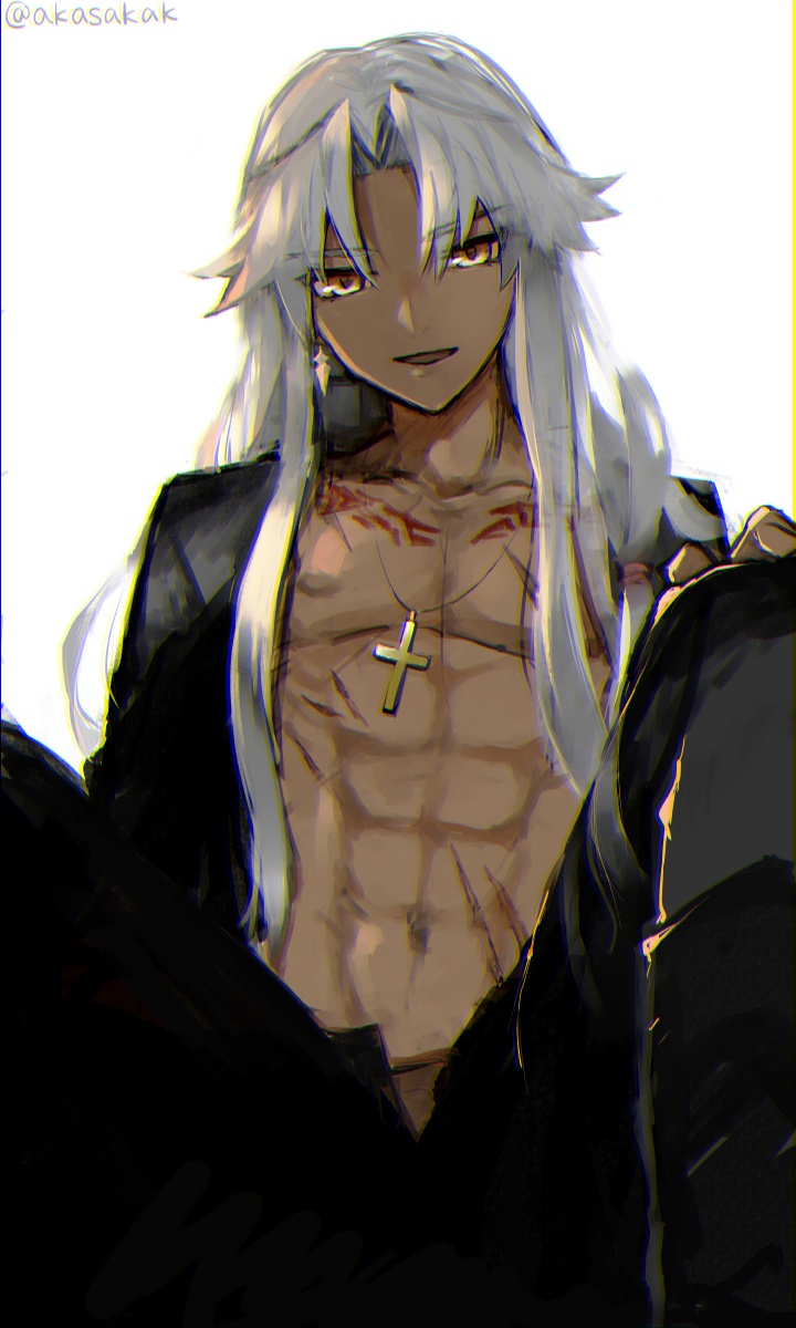 abs akasakak amakusa_shirou_(fate) bishounen chest commentary cross cross_necklace dark_skin dark_skinned_male fate/apocrypha fate_(series) hair_down highres jewelry long_hair looking_back male_focus necklace nipples shirtless simple_background toned toned_male too_bad!_it_was_just_me! twitter_username white_hair
