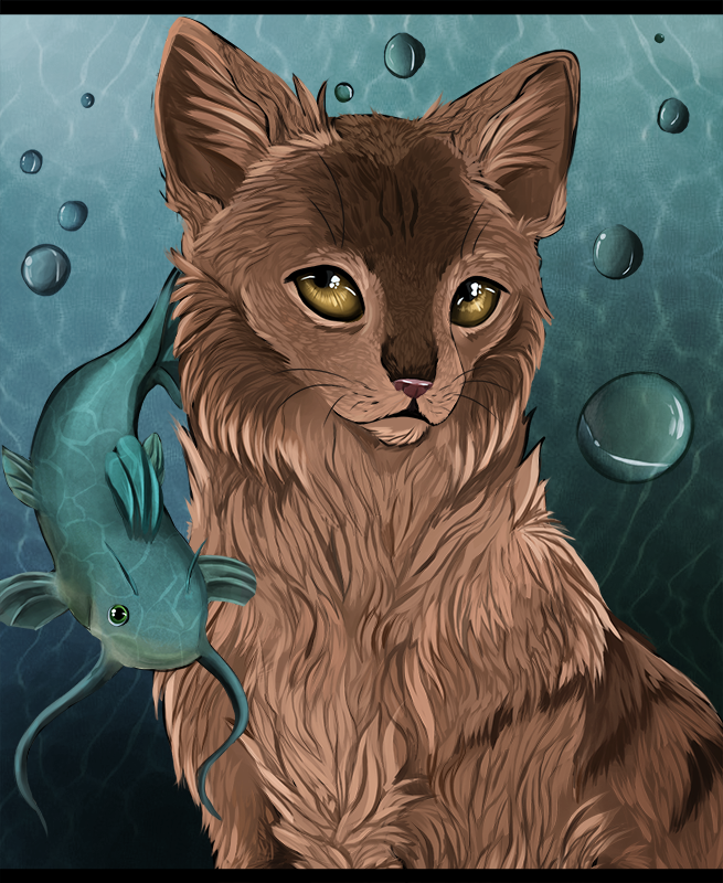 2013 ambiguous_gender black_bars brown_eyes brown_fur cat digital_media_(artwork) duo feline feral fish fur green_eyes mammal maplespyder marine no_sclera