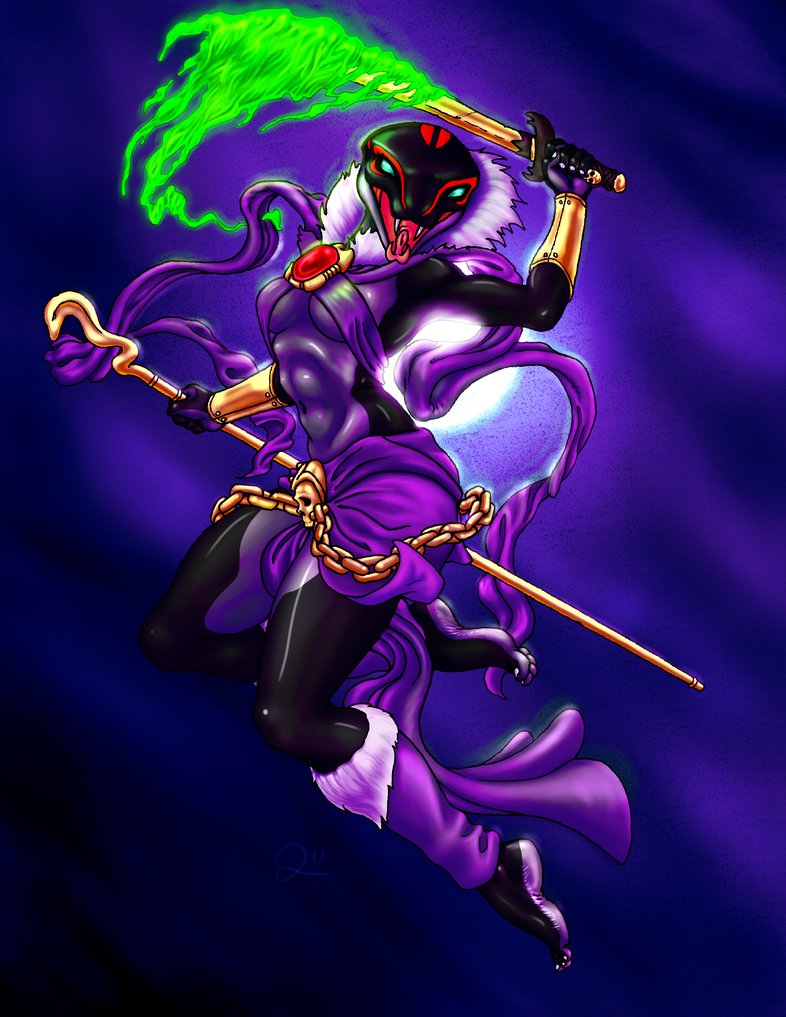 better_version_at_source black_scales blue_eyes breasts clothed clothing fangs female floating flowing_clothes flying fur green_flames holding_object jewelry leg_warmers legwear magic magic_user melee_weapon muscular muscular_female plantigrade_feet purple_scales quintonquill reptile scales scalie skimpy skull snake sword thick_thighs tongue tongue_out voluptuous weapon