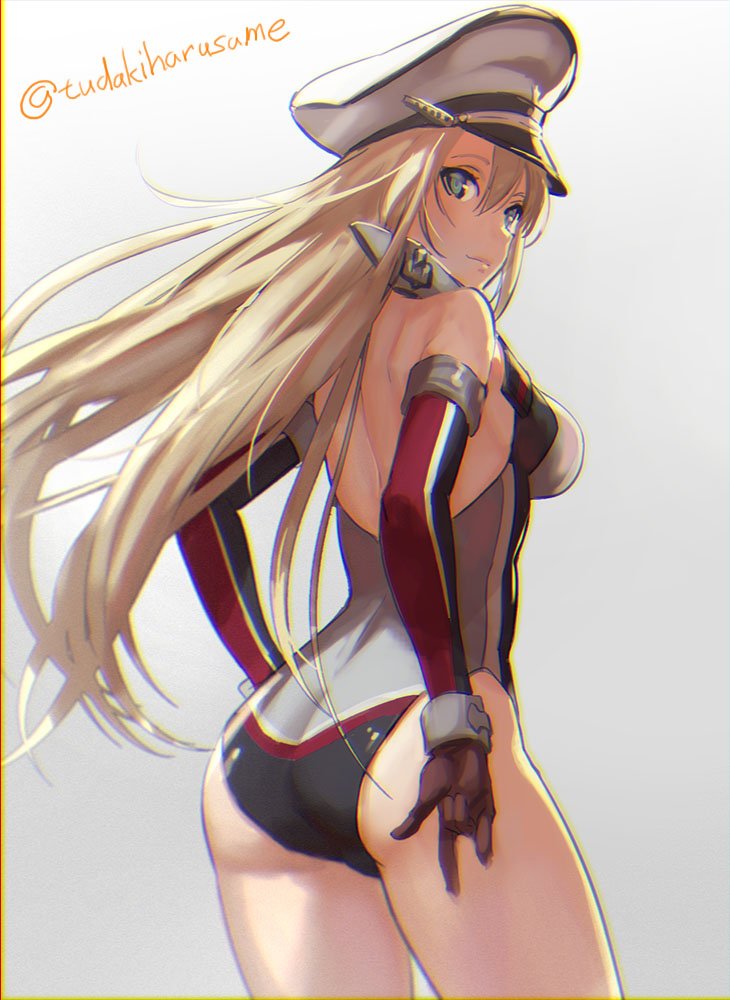 \m/ adapted_costume anchor_hair_ornament aqua_eyes ass back backless_outfit bare_back bare_hips bare_shoulders bismarck_(kantai_collection) blonde_hair breasts brown_gloves chromatic_aberration chromatic_aberration_abuse closed_mouth cowboy_shot detached_sleeves from_behind gloves gradient gradient_background grey_background hair_ornament harusame_tsubaki hat highleg highleg_leotard kantai_collection large_breasts leaning_forward leotard light_smile lips long_hair long_sleeves looking_at_viewer looking_back military_hat peaked_cap silver_trim solo standing straight_hair twitter_username very_long_hair