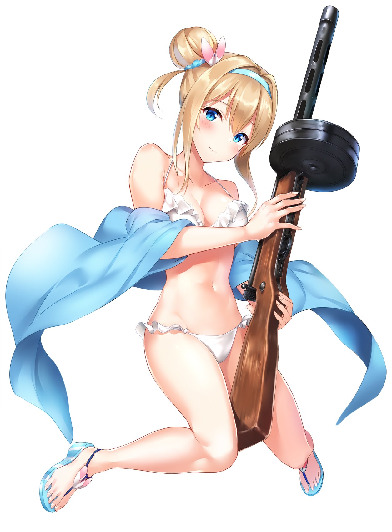 alternate_costume bangs bikini blonde_hair blue_eyes blush breasts cleavage closed_mouth cocona commentary drum_magazine eyebrows_visible_through_hair frilled_bikini frills girls_frontline groin gun hair_between_eyes hair_ornament hairband head_tilt highres holding holding_gun holding_weapon long_hair looking_at_viewer medium_breasts navel sandals side_bun sidelocks simple_background smile snowflake_hair_ornament solo stomach submachine_gun suomi_kp/-31 suomi_kp31_(girls_frontline) swimsuit weapon white_background white_bikini