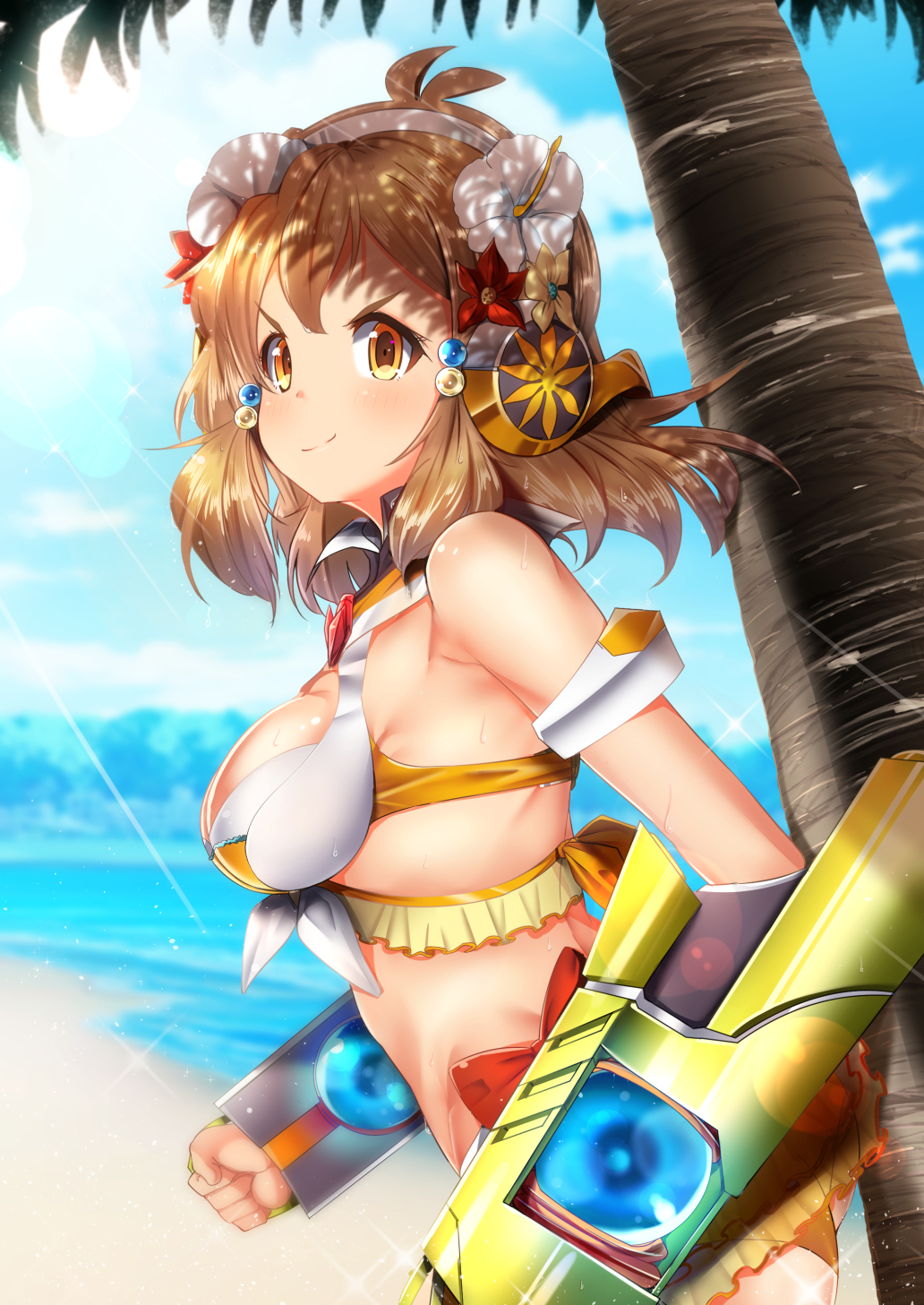 antenna_hair bare_shoulders beach bikini breasts brown_eyes brown_hair clenched_hands commentary day flower from_side hair_flower hair_ornament headgear headphones hibiscus highres looking_at_viewer mad_(hazukiken) medium_breasts palm_tree senki_zesshou_symphogear senki_zesshou_symphogear_xd_unlimited short_hair smile solo swimsuit symphogear_pendant tachibana_hibiki_(symphogear) tree upper_body yellow_bikini