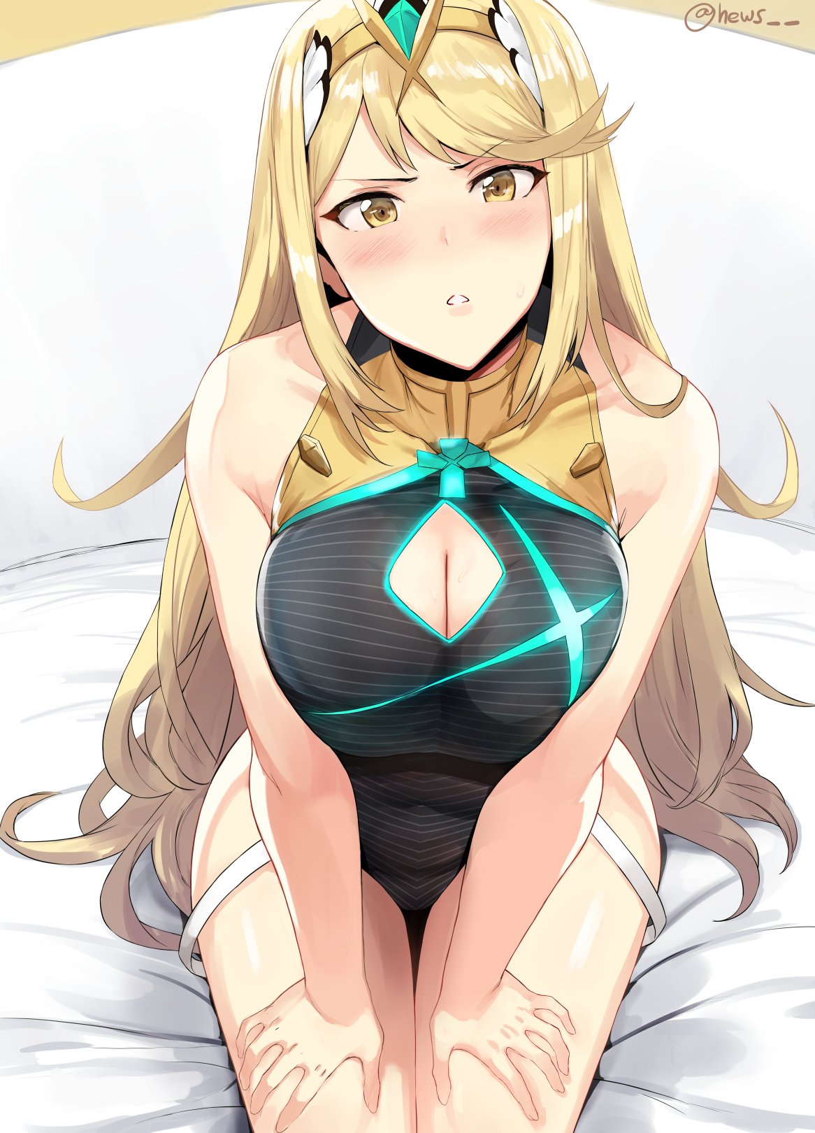 alternate_costume bangs bare_shoulders bed_sheet black_swimsuit blonde_hair blush breasts cleavage cleavage_cutout collarbone covered_navel eyebrows_visible_through_hair gem glowing hands_on_own_thighs headpiece hews_hack highres hikari_(xenoblade_2) impossible_clothes impossible_swimsuit large_breasts long_hair looking_at_viewer one-piece_swimsuit parted_lips shiny shiny_hair sitting solo sweatdrop swept_bangs swimsuit thigh_gap twitter_username very_long_hair xenoblade_(series) xenoblade_2 yellow_eyes