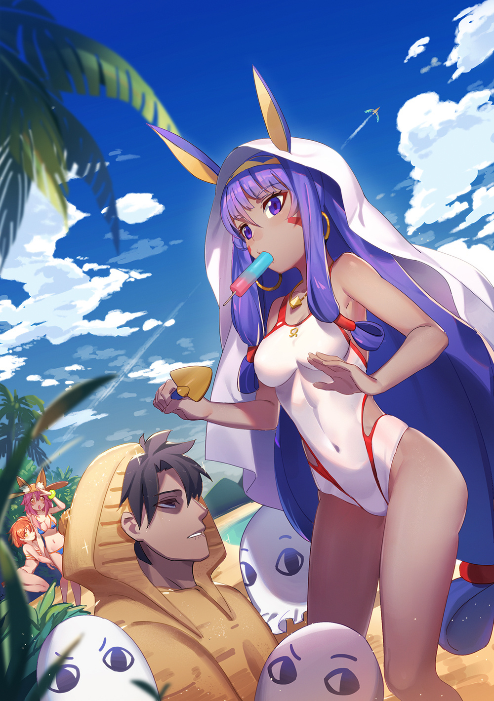 3girls animal_ears beach bikini blue_bikini blue_sky breasts condensation_trail covered_navel dark_skin day dutch_angle earrings eyebrows_visible_through_hair facial_mark fate/grand_order fate_(series) food fox_ears fujimaru_ritsuka_(female) fujimaru_ritsuka_(male) hair_tubes hat highres holding_hands hood hoodie hoop_earrings jewelry long_hair low-tied_long_hair medium_breasts medium_hair medjed multiple_girls nitocris_(fate/grand_order) nitocris_(swimsuit_assassin)_(fate) orange_hair outdoors pg_(pgouwoderen) popsicle purple_eyes purple_hair shaded_face shovel sidelocks sky sparkle sun_hat swimsuit tamamo_(fate)_(all) tamamo_no_mae_(swimsuit_lancer)_(fate) very_long_hair vimana white_swimsuit