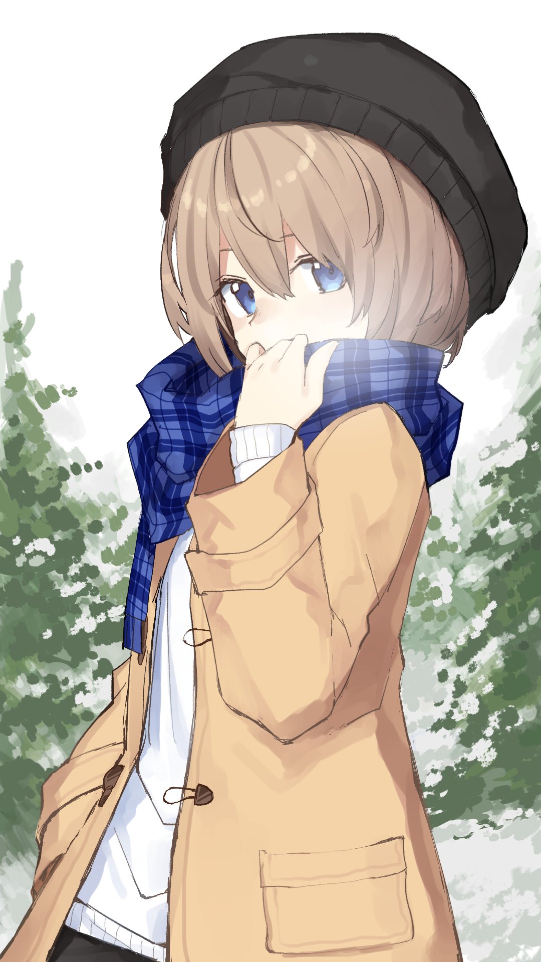blanc blancpig_yryr blue_eyes breath brown_hair coat commentary covered_mouth hair_between_eyes hat highres looking_at_viewer neptune_(series) scarf scarf_over_mouth short_hair solo