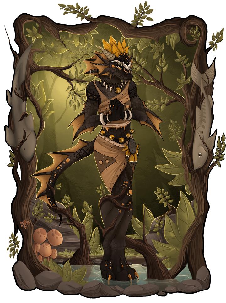 2013 3_toes amber_eyes anthro black_scales clothed clothing digital_media_(artwork) dragon female horn maplespyder scales solo spines standing toes tree water