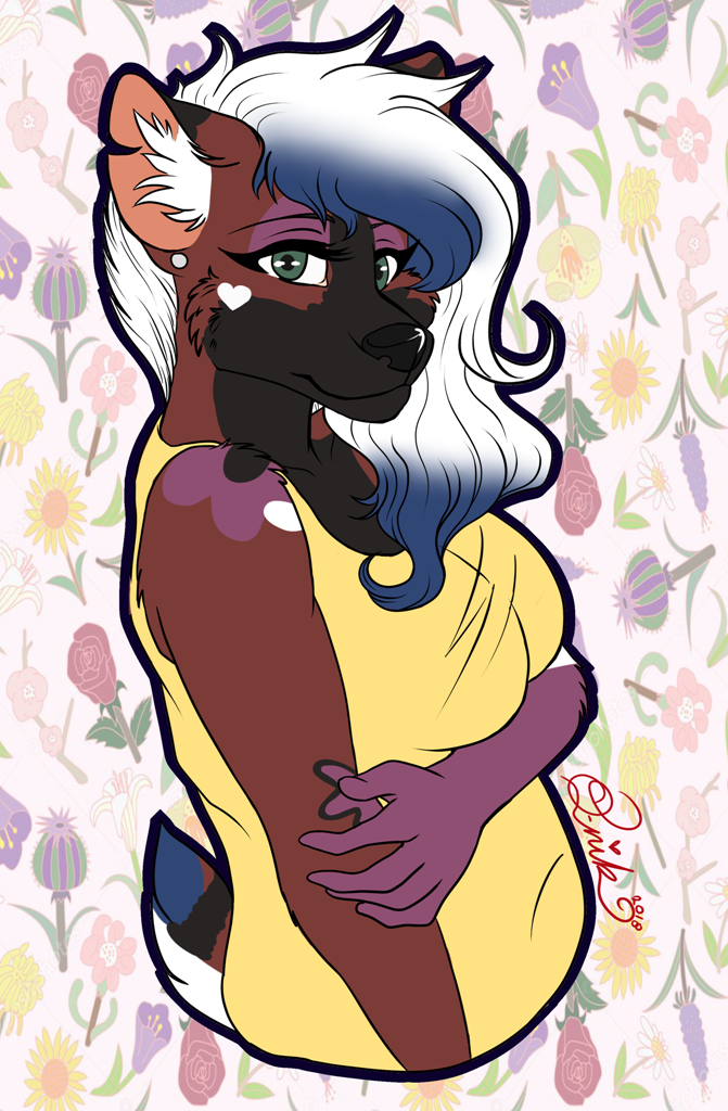 &lt;3 2018 5_fingers african_wild_dog anthro arm_under_breasts big_breasts biped black_countershading black_fur black_spots black_stripes black_tail blue_fur blue_hair blue_tail breasts brown_fur brown_tail canine cheek_tuft cherry_blossom clothing countershade_face countershade_tail countershade_torso countershading daisy_(flower) digital_drawing_(artwork) digital_media_(artwork) eyelashes eyeshadow facial_markings female flower fur gloves_(marking) green_eyes hair half-length_portrait heart_marking holding_arm humanoid_hands inner_ear_fluff lavender_(flower) lily_(flower) looking_at_viewer makeup mammal mane_hair markings multicolored_fur multicolored_hair multicolored_tail notched_ear pattern_background plant portrait purple_eyeshadow purple_fur purple_spots q-nik reverse_countershading rose rose_(flower) shirt short_tail side_view signature simple_background smile snout solo spots spotted_fur striped_tail stripes tank_top thistle_(plant) tuft tulip_(flower) two_tone_hair undercut white_countershading white_fur white_hair white_markings white_spots white_tail yellow_clothing