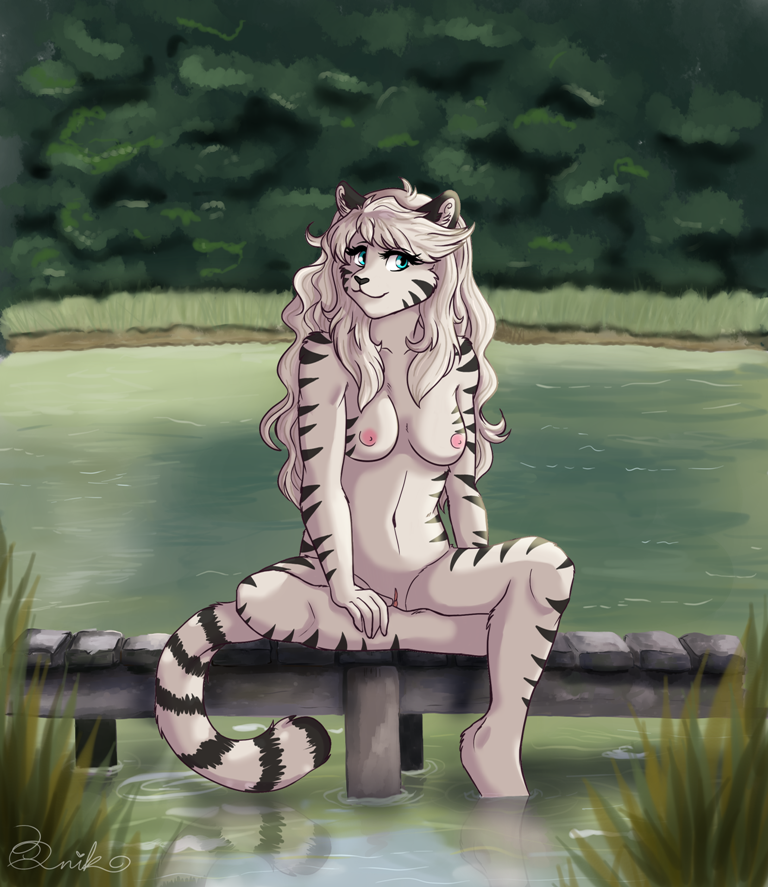 2018 5_fingers anthro biped black_fur black_nose black_stripes black_tail blue_eyes breasts bridge cheek_tuft collarbone crossed_legs digital_drawing_(artwork) digital_media_(artwork) eyelashes feline female front_view fur grass hair hand_on_leg humanoid_hands inner_ear_fluff kisa_schatz lake lighting long_hair looking_aside looking_away mammal medium_breasts nature navel nipples nude outside partially_submerged pink_nipples pink_pussy pinup pose pussy q-nik reflection shadow signature sitting smile solo striped_fur striped_tail stripes tiger tiger_stripes tuft two_tone_tail water water_reflection white_fur white_hair white_tail white_tiger