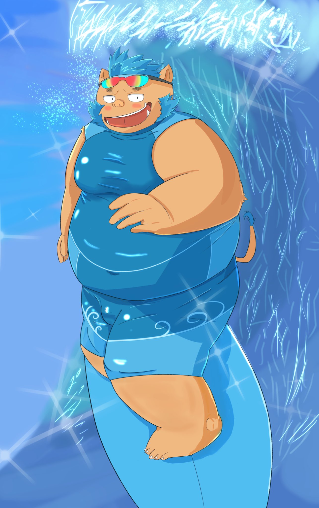 2018 anthro belly blush boar bulge eyewear gouryou guratan_wa humanoid_hands male mammal mohawk overweight overweight_male porcine solo sunglasses surfboard surfing tokyo_afterschool_summoners tusks water wetsuit