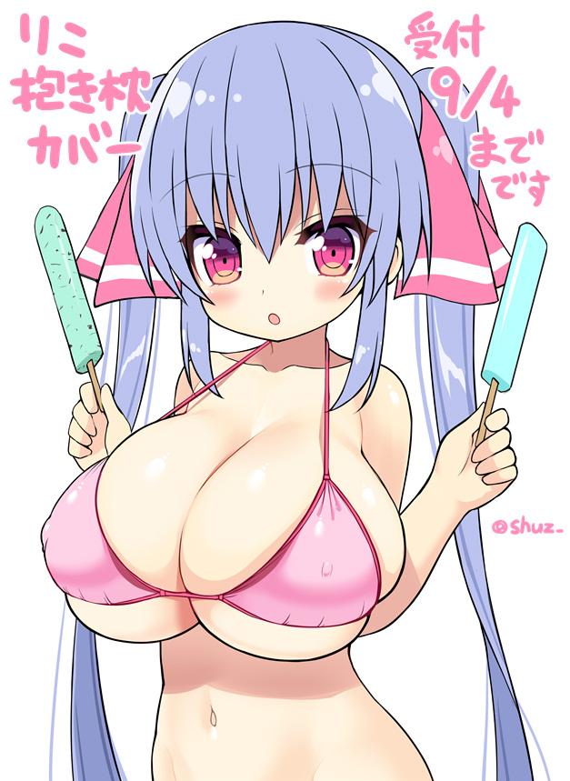 :o bangs bikini blush breasts collarbone commentary_request covered_nipples eyebrows_visible_through_hair food hair_between_eyes hair_ribbon hands_up holding holding_food huge_breasts long_hair navel original parted_lips pink_bikini pink_ribbon popsicle purple_eyes purple_hair ribbon riko_(shuz) shuz_(dodidu) sidelocks simple_background solo swimsuit translation_request twintails twitter_username upper_body very_long_hair white_background