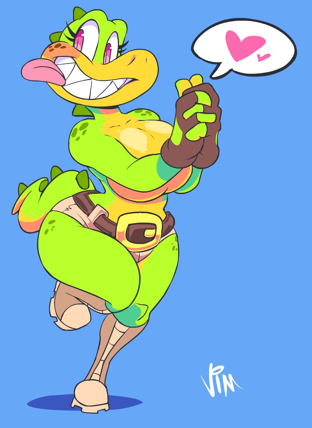 2018 anthro australian big_breasts big_butt boots breasts butt clothed clothing croc_(vimhomeless) crocodile crocodilian female footwear gloves hi_res huge_butt one_leg_raised reptile scalie shorts smile solo standing teeth thick_thighs tongue tongue_out topless vimhomeless voluptuous wide_hips