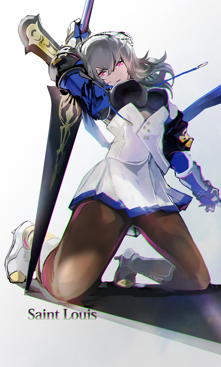 arm_behind_head azur_lane bangs boots breasts commentary_request corset covered_nipples dress from_below gauntlets grey_hair hair_between_eyes hair_ornament highres holding holding_weapon knee_boots kneeling komamitsu large_breasts long_hair looking_at_viewer military military_uniform miniskirt pantyhose parted_lips pink_eyes pleated_skirt polearm saint-louis_(azur_lane) silver_hair skirt solo thighs uniform weapon white_dress white_footwear white_skirt