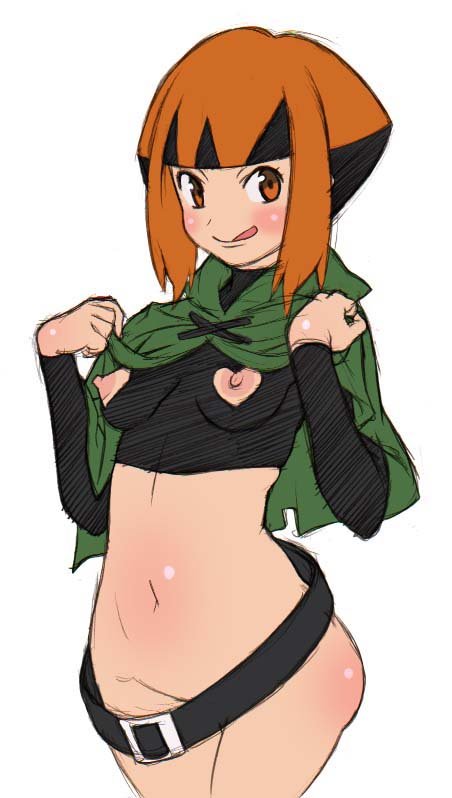 :q bangs belt belt_buckle black_belt blunt_bangs blush body_blush bottomless breasts buckle capelet capelet_lift closed_mouth commentary_request convenient_censoring cowboy_shot crop_top cross-laced_clothes crossed_legs green_capelet hands_up hood hood_down hooded_capelet kei_(bekei) lifted_by_self long_sleeves looking_at_viewer loose_belt multicolored_hair natane_(pokemon) navel nippleless_clothes nipples orange_eyes orange_hair pokemon pokemon_(game) pokemon_dppt short_hair sidelocks simple_background sketch small_breasts smile solo thigh_gap tongue tongue_out turtleneck two-tone_hair white_background