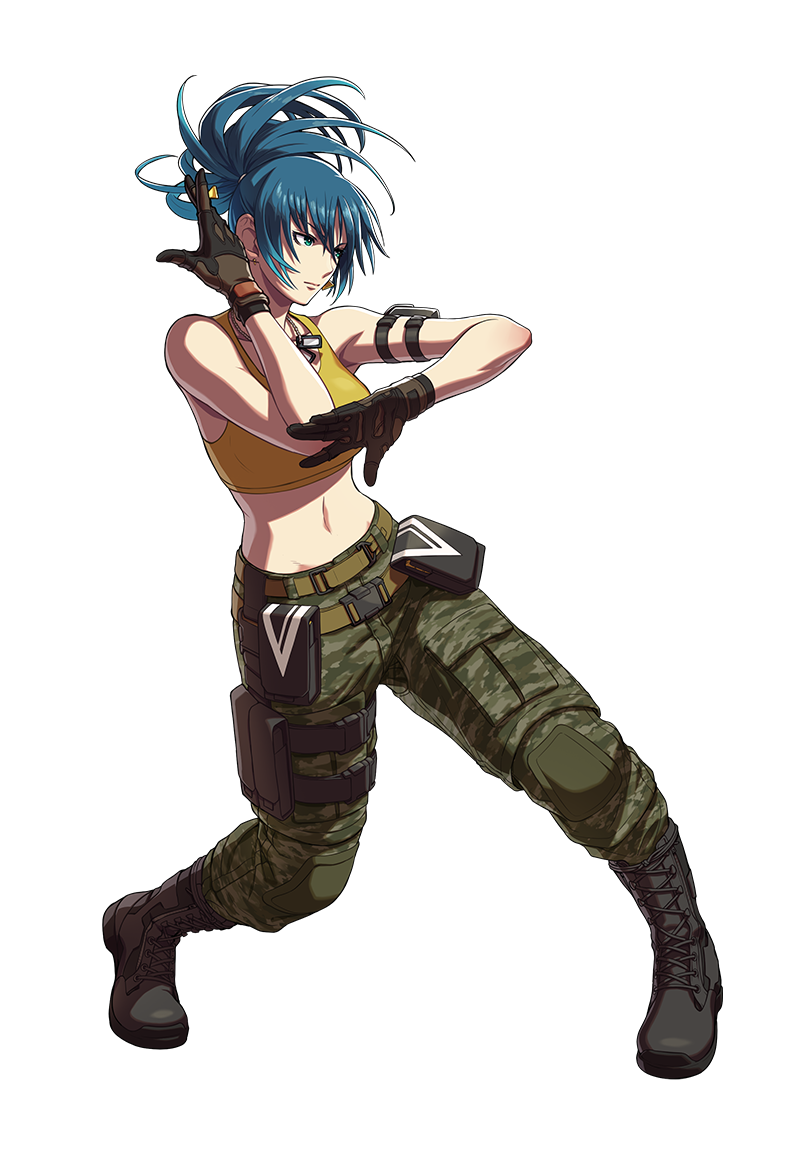 ammunition_pouch armlet bangs bare_shoulders belt black_footwear blue_eyes blue_hair closed_mouth crop_top dog_tags fighting_stance full_body gloves leona_heidern midriff navel official_art ogura_eisuke pants ponytail pouch snk snk_heroines:_tag_team_frenzy standing tank_top the_king_of_fighters transparent_background yellow_tank_top