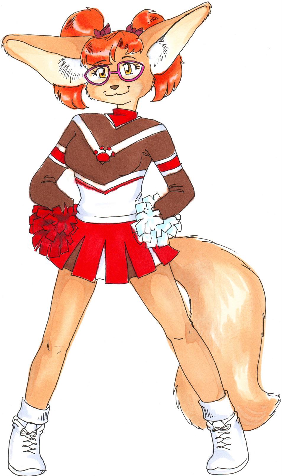 canine cheerleader eyewear female fennec footprint fox glasses hands_on_hips hi_res looking_at_viewer mammal pawprint pom_poms simple_background solo standing sue-chan_(artist) traditional_media_(artwork) white_background