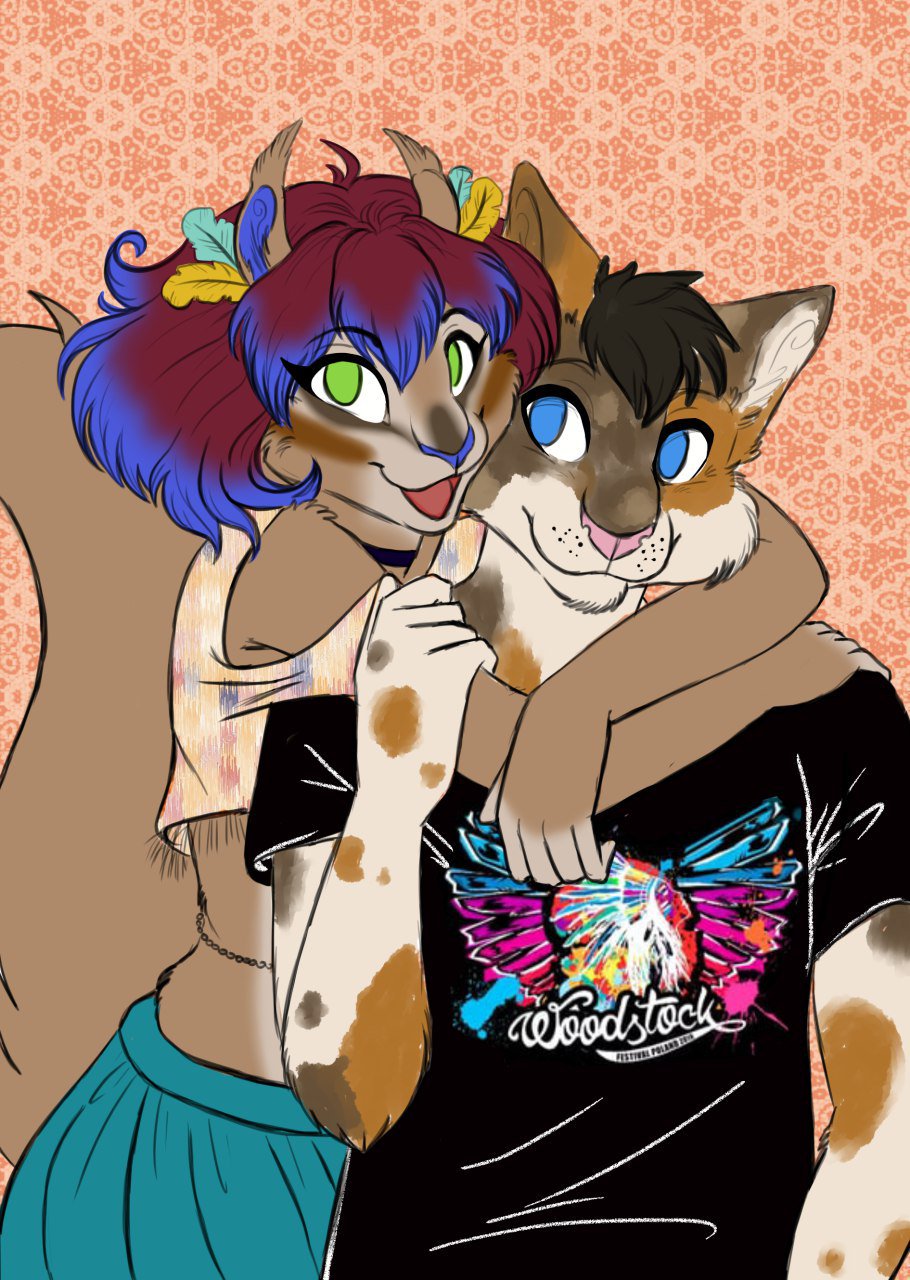 2018 5_fingers anthro anthro_on_anthro arm_grab biped black_clothing black_hair black_topwear blue_bottomwear blue_clothing blue_eyes blue_hair blue_nose brown_fur brown_markings brown_spots brown_tail calico_cat cat chain choker clothed clothing crop_top cute digital_drawing_(artwork) digital_media_(artwork) duo ear_tuft embrace eye_markings eyelashes facial_markings feline female flat_texture front_view fur green_eyes hair half-length_portrait hi_res hug hugging_from_behind humanoid_hands long_tail looking_at_another looking_at_partner looking_up male male/female mammal markings midriff multicolored_fur multicolored_hair muzzle_scabs open_mouth open_smile orange_fur orange_markings orange_spots pattern_background pink_background pink_nose portrait purple_hair q-nik q-nik_(fursona) rodent shirt short_hair simple_background skirt smile snout spots spotted_fur squirrel t-shirt tan_fur tuft two_tone_fur two_tone_hair white_fur