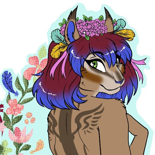 2018 anthro biped blue_hair blue_nose brown_markings bust_portrait digital_drawing_(artwork) digital_media_(artwork) ear_tuft eye_markings eyelashes facial_markings feathers female flower flower_crown fur green_eyes hair hair_ribbon icon looking_at_viewer looking_back loose_feather mammal markings multicolored_fur nude outline plant portrait purple_hair q-nik q-nik_(fursona) rear_view ribbons rodent short_hair simple_background smile snout solo squirrel tan_fur tattoo tuft two_tone_fur white_background