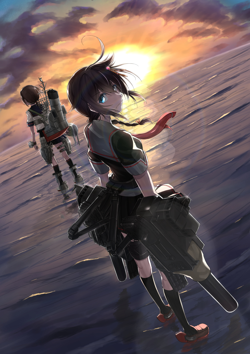 2girls ahoge black_hair black_legwear black_sailor_collar black_serafuku black_skirt blue_eyes braid cloud commentary_request dutch_angle eyebrows_visible_through_hair from_behind fubuki_(kantai_collection) full_body hair_flaps hair_ornament hair_over_shoulder hair_ribbon highres kantai_collection kneehighs looking_at_viewer looking_back low_ponytail machinery mast multiple_girls neckerchief ocean pleated_skirt ponytail red_neckwear remodel_(kantai_collection) ribbon rigging sailor_collar school_uniform serafuku shigure_(kantai_collection) short_ponytail sidelocks single_braid skirt smokestack standing standing_on_liquid sunset thigh_strap torpedo torpedo_tubes turret type_94_anti-aircraft_fire_detector v_r_dragon01 waves