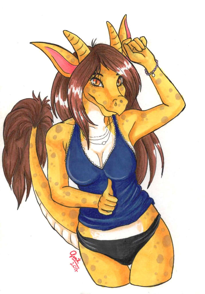 2017 5_fingers anthro belly_scales big_breasts biped black_clothing black_topwear blue_clothing blue_topwear bracelet breasts brown_hair brown_scales brown_spots brown_tail cleavage clothed clothing collarbone countershade_tail countershade_torso countershading dragon eyelashes female front_view hair half-length_portrait horn humanoid_hands izzy_the_little_yellow_dragon jewelry long_hair looking_at_viewer midriff multicolored_scales multicolored_tail necklace non-mammal_breasts orange_eyes panties portrait q-nik raised_arm scales scalie shirt simple_background slit_pupils smile snout solo spots spotted_scales spotted_tail standing tail_tuft tan_scales tan_tail tank_top traditional_media_(artwork) tuft underwear white_background white_countershading yellow_horn yellow_scales yellow_tail