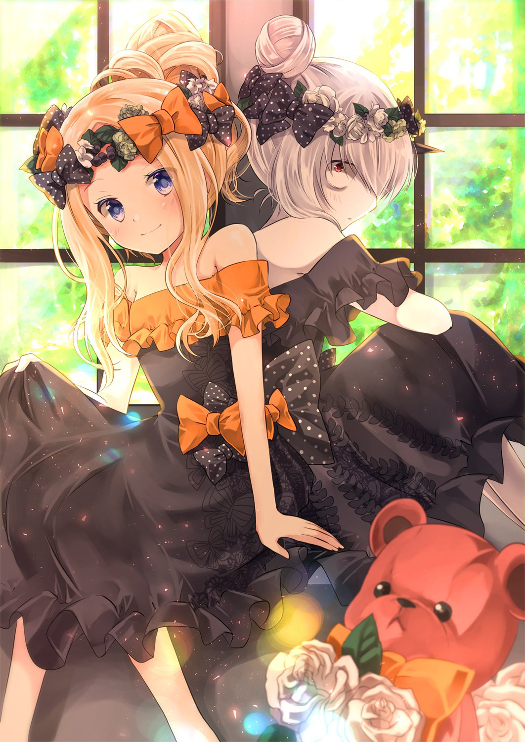 abigail_williams_(fate/grand_order) bangs black_bow black_dress blonde_hair blue_eyes blurry blurry_foreground blush bow closed_mouth commentary_request day depth_of_field dress fate/grand_order fate_(series) flower hair_bow hair_bun head_tilt highres indoors iroha_(shiki) lavinia_whateley_(fate/grand_order) long_hair multiple_girls off-shoulder_dress off_shoulder orange_bow parted_bangs polka_dot polka_dot_bow profile red_eyes rose sidelocks silver_hair simple_background smile strapless strapless_dress stuffed_animal stuffed_toy sunlight teddy_bear white_flower white_rose window