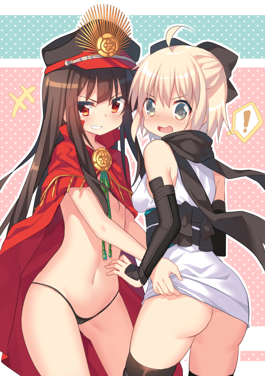 +++ 2girls :d ahoge ass ass_visible_through_thighs assisted_exposure bare_shoulders black_bow black_hat black_legwear black_panties black_scarf blush bow breasts brown_hair cameltoe cape clothes_lift commentary cowboy_shot craytm embarrassed emblem english_commentary eyebrows_visible_through_hair fate/grand_order fate_(series) flat_chest green_ribbon grey_eyes grin hair_bow half_updo hat highres japanese_clothes kimono kimono_lift lifted_by_another looking_away looking_down micro_panties multiple_girls navel no_panties nose_blush obi oda_nobunaga_(fate) okita_souji_(fate) okita_souji_(fate)_(all) open_mouth panties peaked_cap polka_dot polka_dot_background red_cape red_eyes ribbon sash scarf short_kimono sidelocks skindentation sleeveless sleeveless_kimono small_breasts smile speech_bubble spoken_exclamation_mark stomach teeth thighhighs thighs underwear upper_teeth v-shaped_eyebrows white_kimono yuri