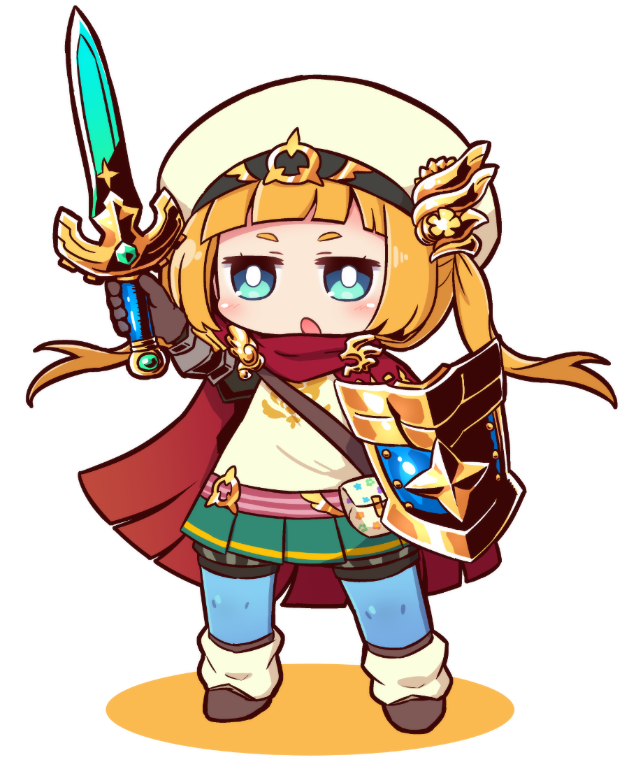belt belt_pouch black_gloves blonde_hair blue_eyes cape chibi commentary_request gloves green_skirt hat hero_(sekaiju) holding holding_shield holding_sword holding_weapon naga_u open_mouth pink_belt pouch red_cape sekaiju_no_meikyuu sekaiju_no_meikyuu_x shield short_hair simple_background skirt solo standing sword weapon white_background
