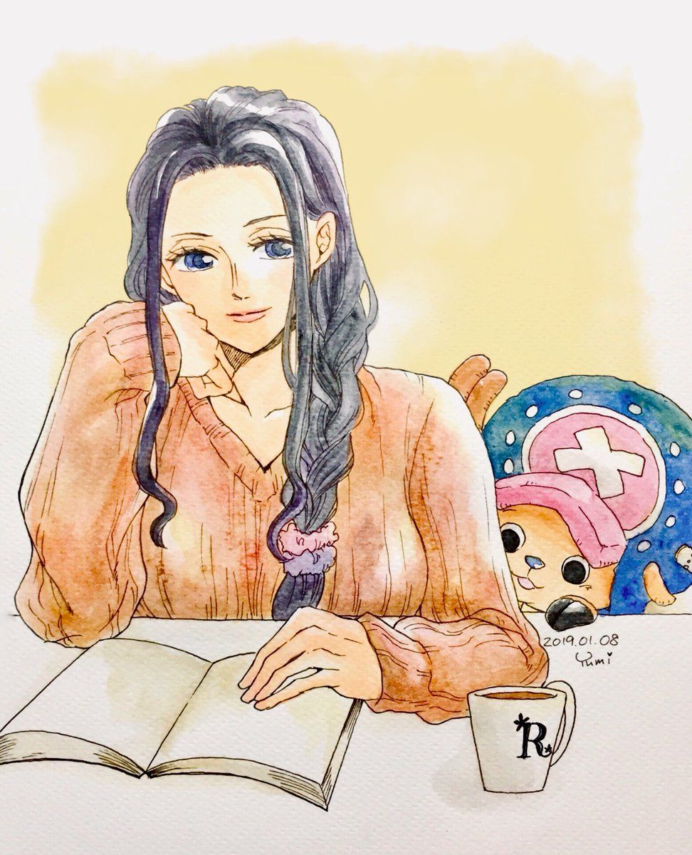 1boy 1girl age_difference artist_request long_hair nico_robin one_piece smile source_request tony_tony_chopper