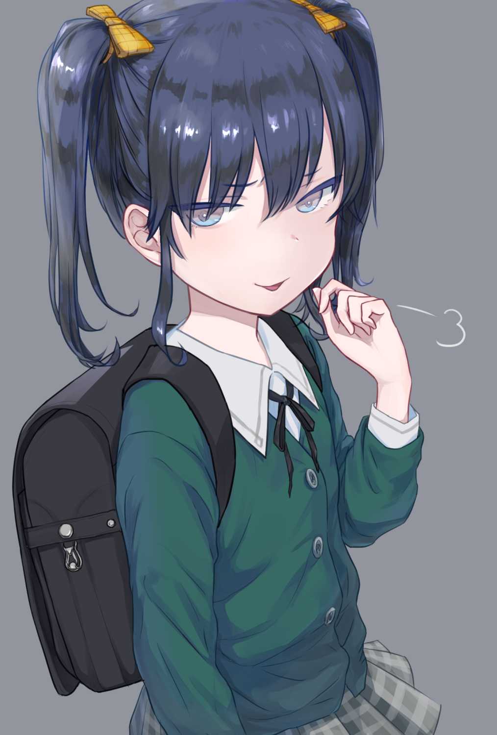 1girl backpack bag black_hair blue_eyes bow glaring green_shirt grey_background hair_bow hand_up highres jitome looking_at_viewer original randoseru rony shirt short_twintails simple_background skirt smile standing twintails uniform upper_body yellow_bow