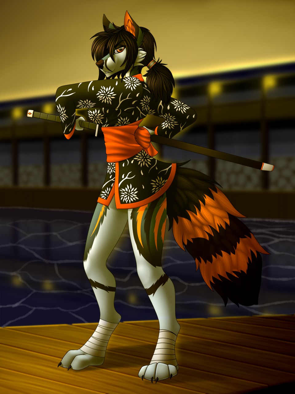 2018 4_toes amber_eyes anthro barefoot black_hair canine detailed_background digital_media_(artwork) digitigrade female hair holding_object holding_weapon mammal melee_weapon orange_eyes solo sword tales_foxdale toes weapon
