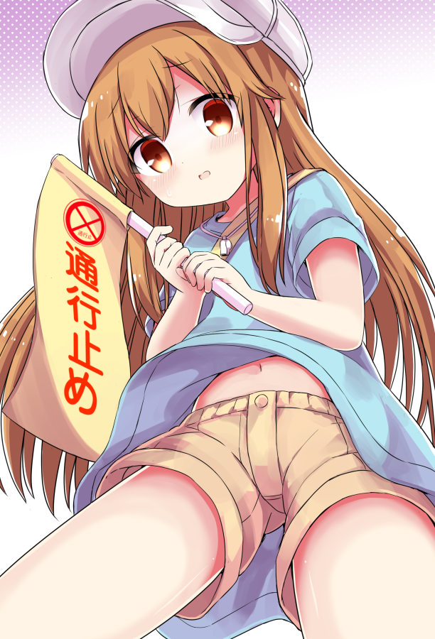 bag baseball_cap blue_shirt blush brown_eyes brown_hair eyebrows_visible_through_hair flag hat hataraku_saibou head_tilt himarisu_(hida_mari) holding long_hair looking_at_viewer navel parted_lips platelet_(hataraku_saibou) shirt short_sleeves shorts solo very_long_hair whistle white_background yellow_shorts