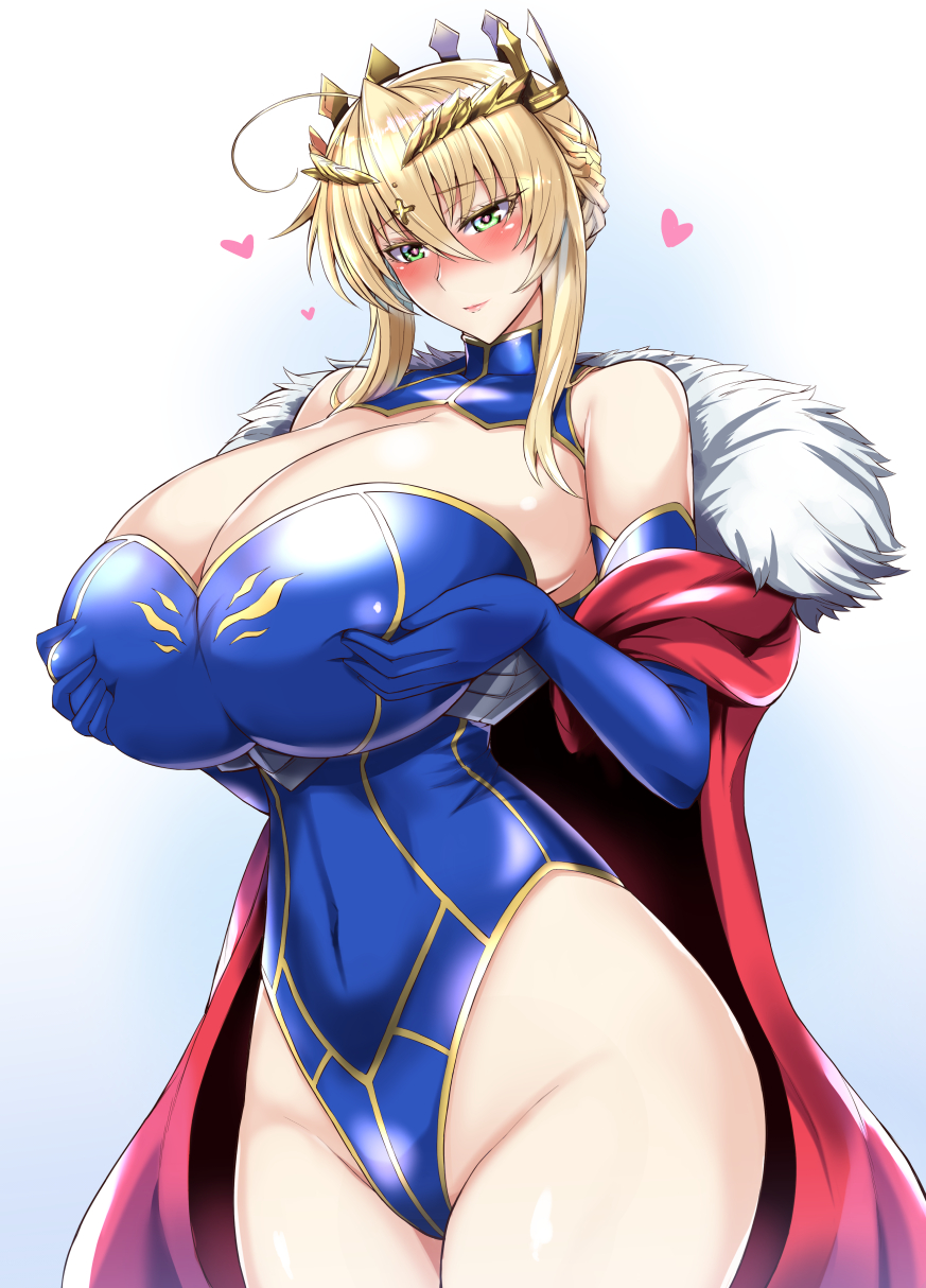 ahoge artoria_pendragon_(all) artoria_pendragon_(lancer) bangs blush braid breast_lift breasts cape cleavage cleavage_cutout closed_mouth collarbone colored_eyelashes commentary_request covered_navel covered_nipples crown eyebrows_visible_through_hair fate/grand_order fate_(series) french_braid fur-trimmed_cape fur_trim gauntlets gradient gradient_background green_eyes hair_between_eyes hands_on_own_chest heart heart-shaped_pupils highres huge_breasts impossible_clothes kumakichi_(cost-lost) lipstick long_hair looking_down makeup red_cape sidelocks smile solo swept_bangs symbol-shaped_pupils thighs tiny_head