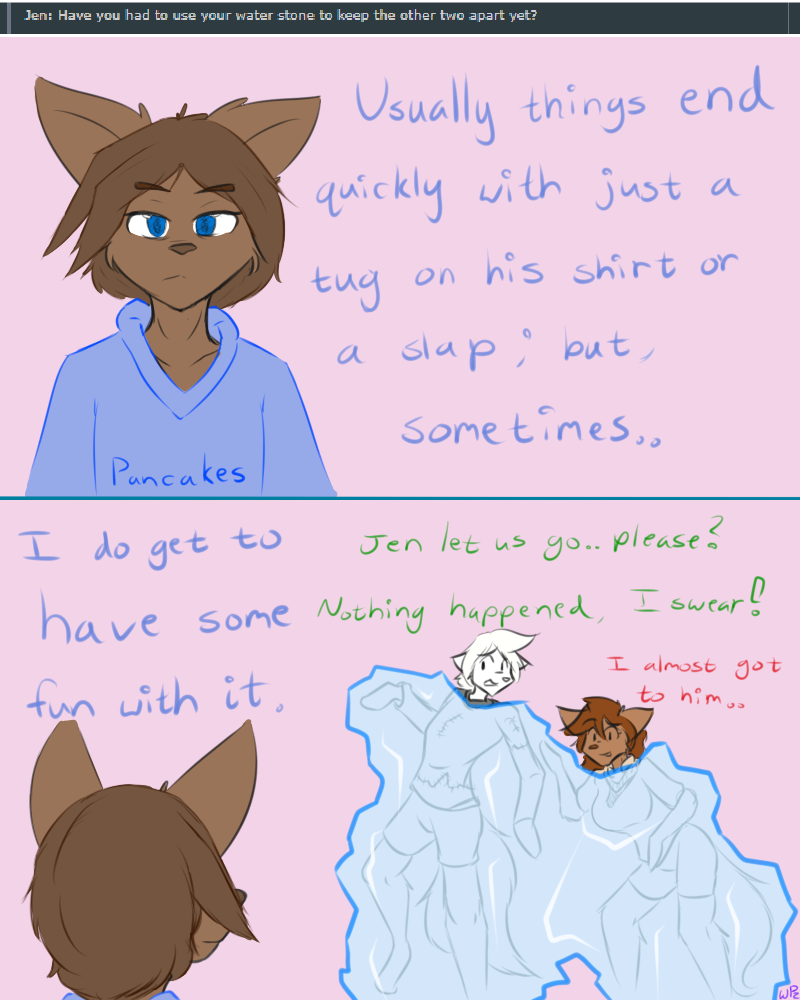 aaron_(disambiguation) ambiguous_gender canine clothed clothing dialogue digital_media_(artwork) english_text eyebrows eyelashes frozen fully_clothed group ice jen magic male mammal maya nervous robe simple_background text water_stone wolf wolfie-pawz