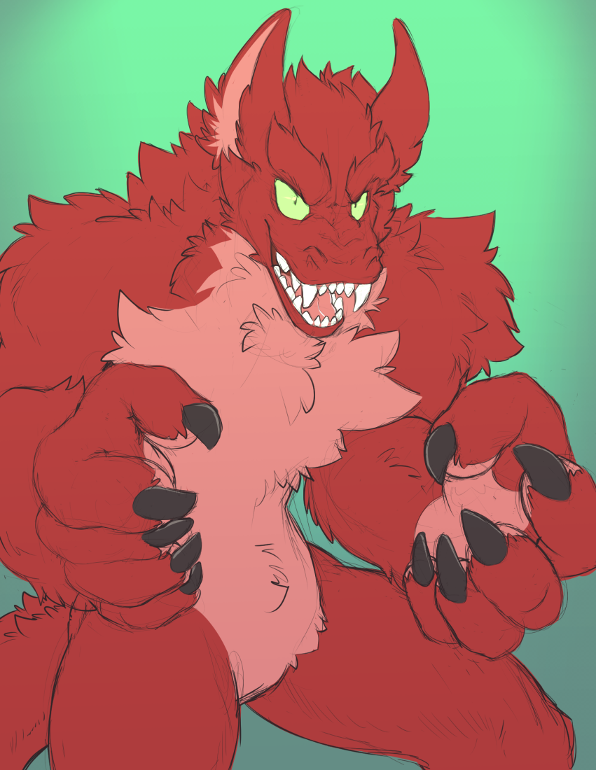angry big_arms big_feet dragon flit fur furred_dragon male monster muscular open_mouth palace_(character) paws red_fur smile solo