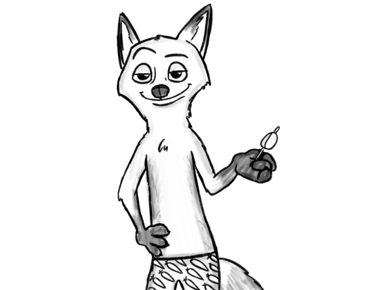 black_and_white boxers_(clothing) canine carrot chest_tuft clothed clothing comic disney food fox gloves_(marking) hand_on humantrashmachine male mammal markings monochrome nick_wilde nickelodeon paw_on_hip popsicle red_fox simple_background smile solo spongebob_reference spongebob_squarepants topless tuft underwear vegetable zootopia