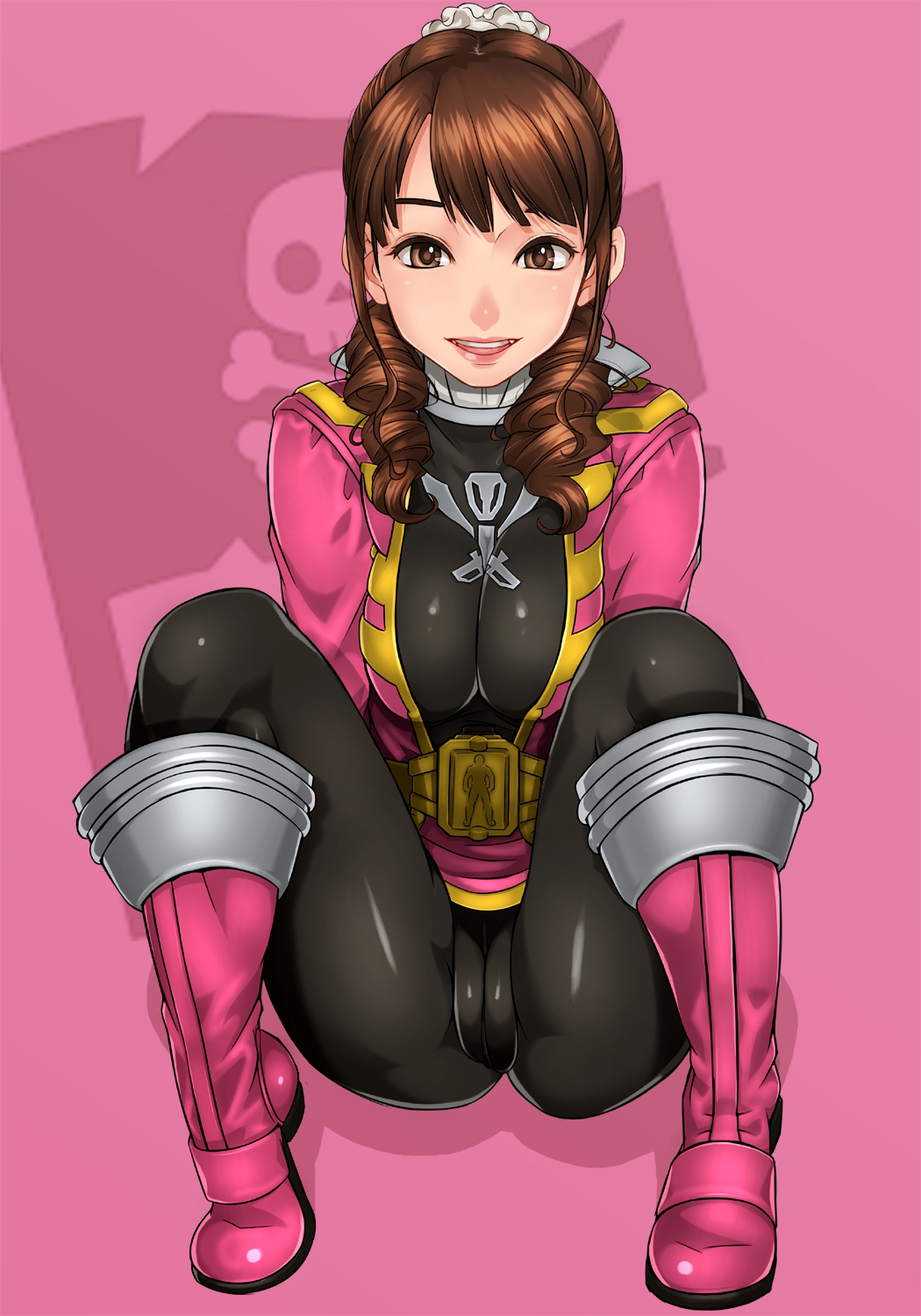 1girl ahim_de_famille belt bodysuit boots breasts brown_eyes brown_hair drill_hair eyebrows full_body gloves highres kaizoku_sentai_gokaiger legs looking_at_viewer matching_hair/eyes medium_breasts parted_lips pink_boots pink_skirt sakuradou shiny shiny_hair simple_background sitting skirt smile solo super_sentai thighs white_gloves