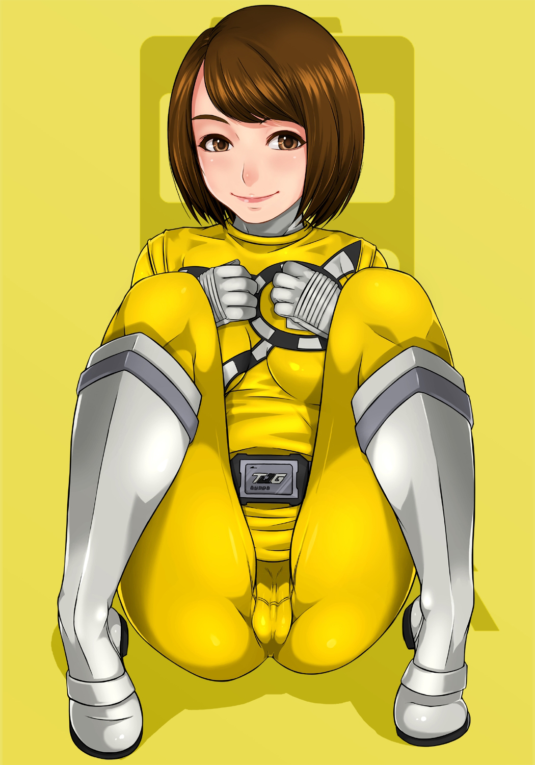 1girl belt bodysuit boots breasts brown_eyes brown_hair eyebrows full_body gloves highres legs looking_at_viewer matching_hair/eyes medium_breasts mio_(ressha_sentai_toqger) parted_lips ressha_sentai_toqger sakuradou shiny shiny_hair simple_background sitting skirt smile solo super_sentai thighs white_gloves yellow_boots yellow_skirt