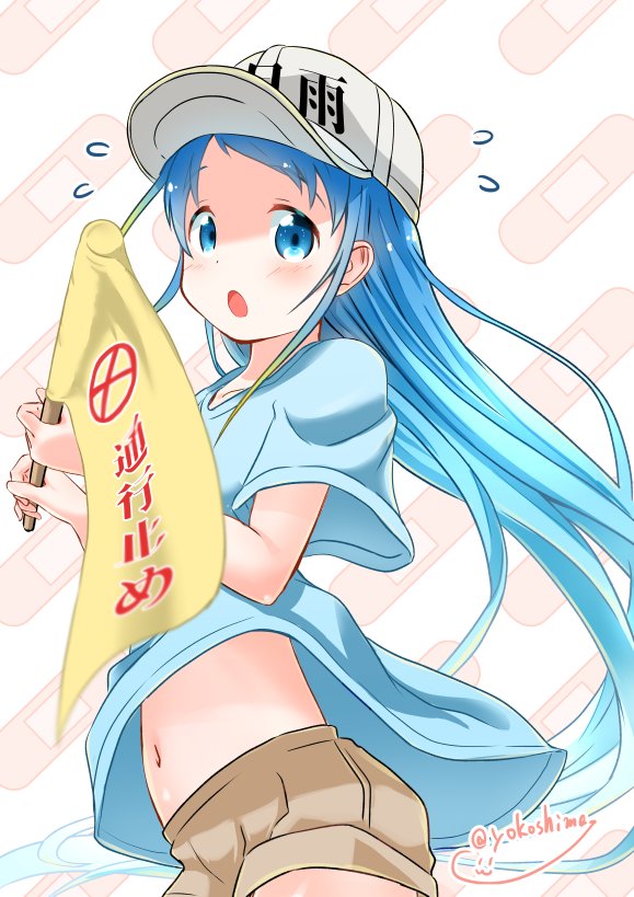 bandaid blue_eyes blue_hair blue_shirt brown_shorts collarbone cosplay cowboy_shot flag flat_cap flying_sweatdrops hat hataraku_saibou holding holding_flag kantai_collection light_blush long_hair looking_at_viewer navel open_mouth platelet_(hataraku_saibou) platelet_(hataraku_saibou)_(cosplay) samidare_(kantai_collection) shirt short_sleeves shorts solo twitter_username white_hat yokoshima_(euphoria)