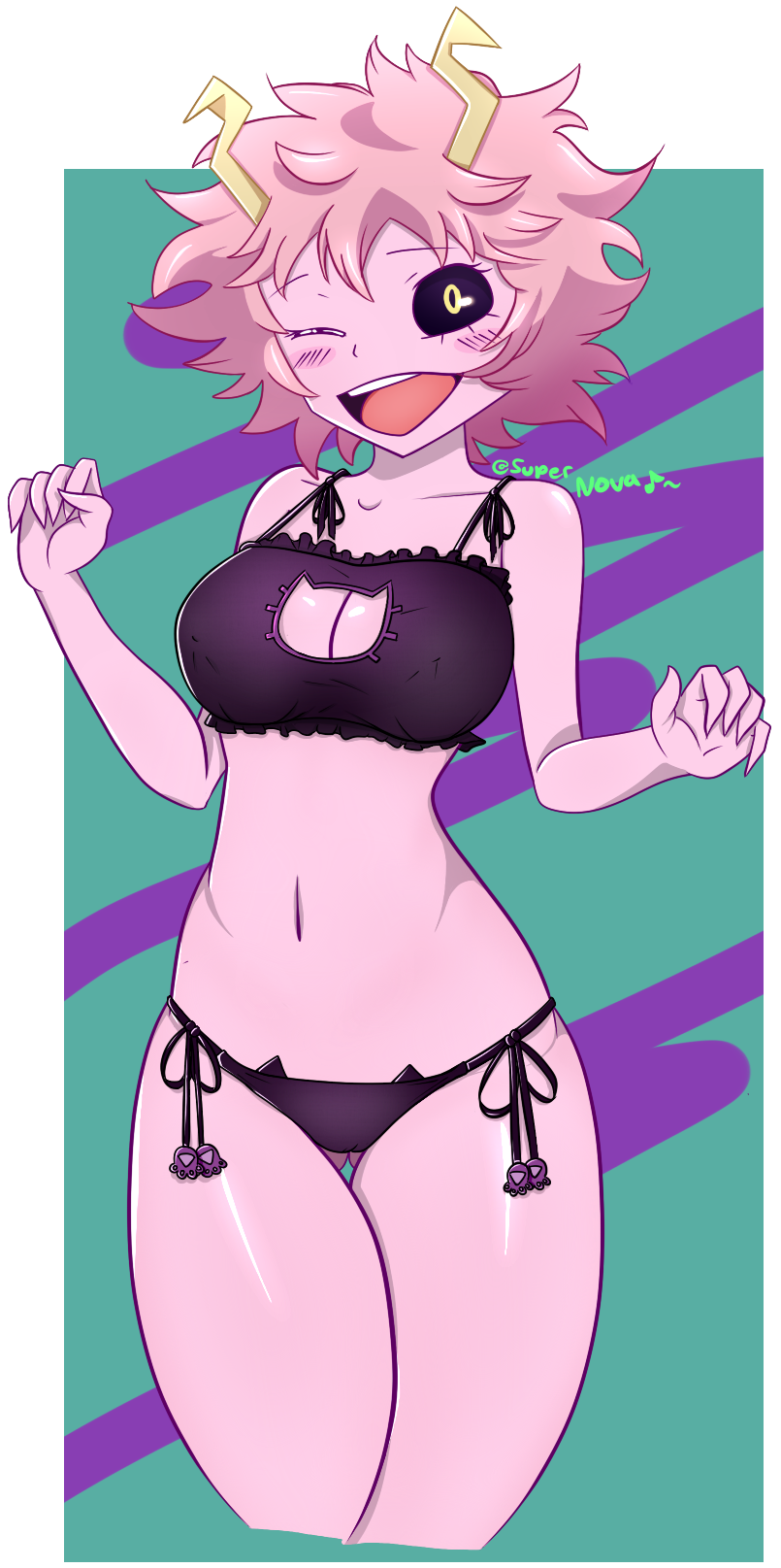2019 ashido_mina black_sclera blush bra breasts cat_keyhole_bra cat_lingerie cleavage cleavage_cutout clothed clothing cutout female hair horn human human_focus keyhole_bra lingerie looking_at_viewer mammal my_hero_academia not_furry one_eye_closed panties pink_hair skimpy smile solo superpooper24 swimsuit underwear wink