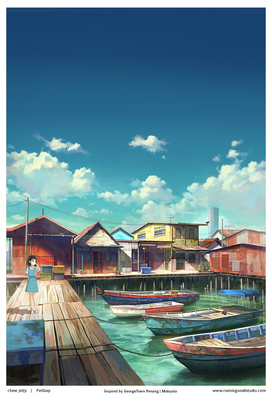 artist_name black_hair boat chong_feigiap cloud day highres house looking_away original outdoors pier real_world_location scenery short_hair sky solo standing watercraft watermark web_address