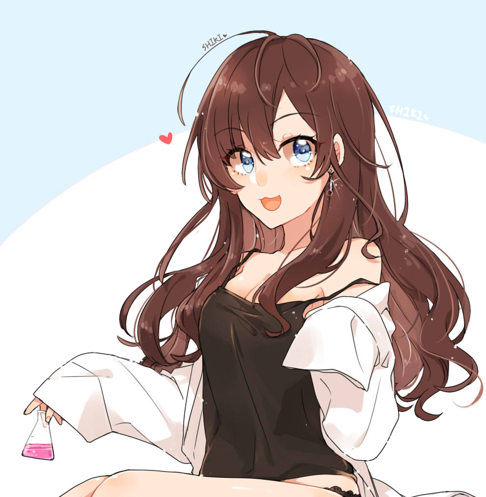 1girl 88_(einnimnech) :3 :d ahoge bangs black_panties black_shirt blue_eyes breasts brown_hair camisole character_name cleavage coat earrings eyebrows_visible_through_hair heart holding ichinose_shiki idolmaster idolmaster_cinderella_girls jewelry labcoat long_hair looking_at_viewer medium_breasts no_bra off_shoulder open_clothes open_coat open_mouth panties shirt sleeves_past_fingers sleeves_past_wrists smile solo strap_slip test_tube underwear wavy_hair white_coat