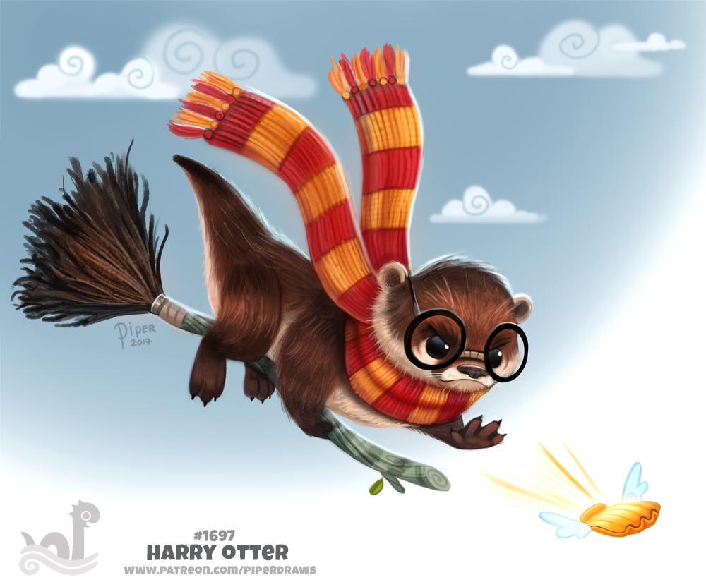 2017 ambiguous_gender bivalve black_eyes broom brown_fur clam cloud cryptid-creations english_text eyewear feral fur glasses golden_snitch harry_potter harry_potter_(character) humor mammal marine mollusk mustelid otter pun scarf shell sky solo text white_fur wings