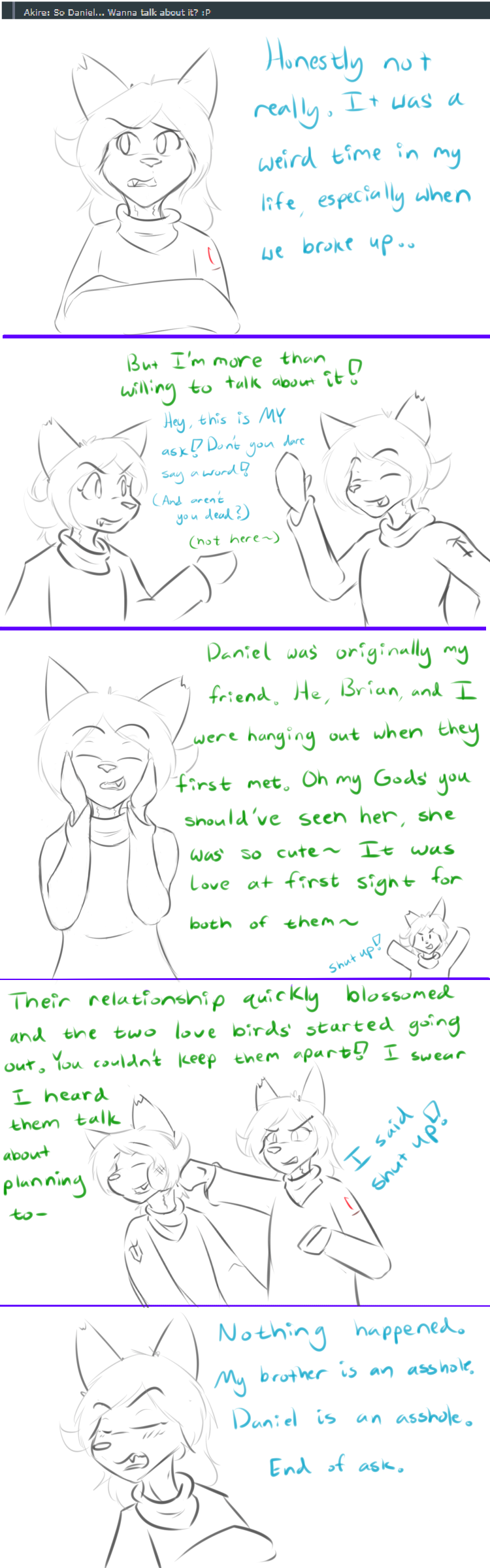 akire ambiguous_gender anthro blush canine clothed clothing comic daniel dialogue embarrassed english_text eyebrows eyeclashes eyes_closed fully_clothed group hair happy humor long_hair mammal meta monochrome nathan robe simple_background sketch text wolf wolfie-pawz