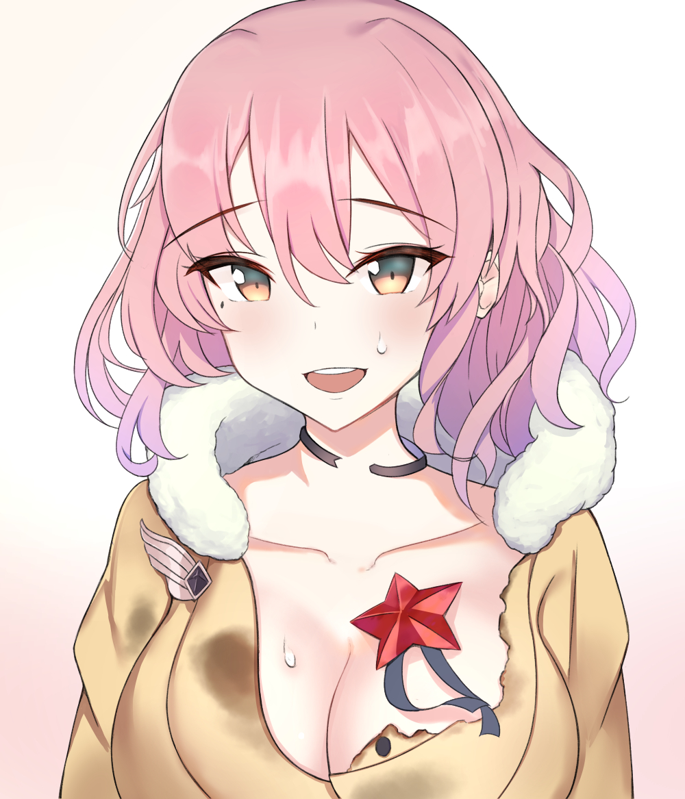 breasts brown_eyes cleavage collarbone commentary girls_frontline kela large_breasts looking_at_viewer mp443_(girls_frontline) open_mouth pink_hair shirt short_hair solo star sweatdrop torn_clothes upper_body white_background