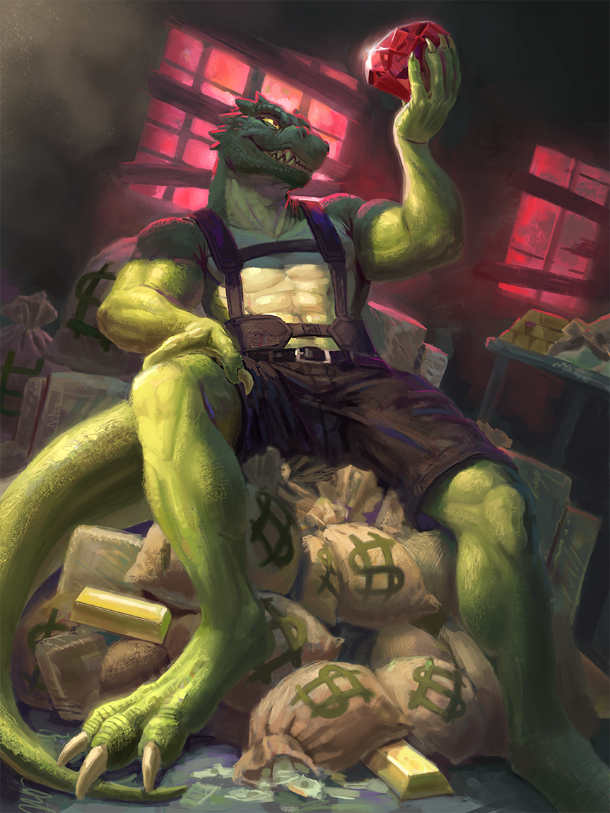 abs anthro clothed clothing gem harness horn invalid_color lizard male money muscular muscular_male reptile scalie sitting smile solo spectrumshift