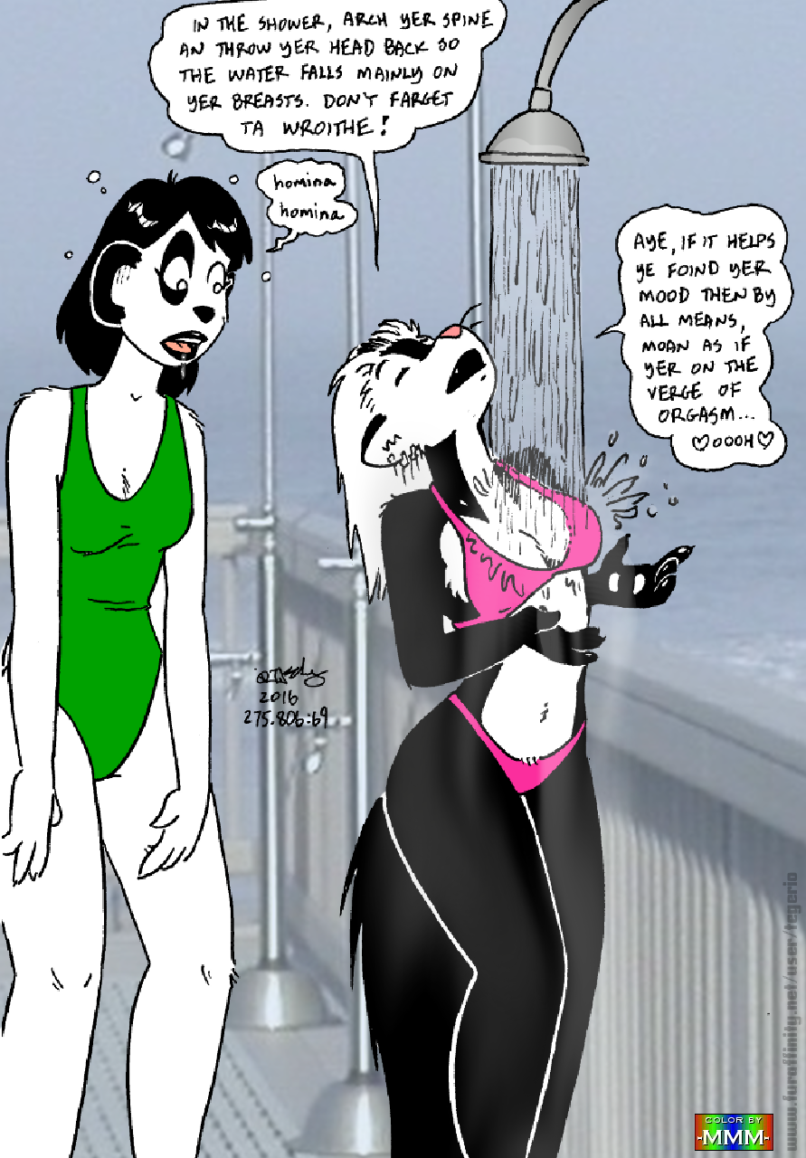 2016 anthro bear bikini black_fur black_hair breasts clothed clothing dialogue drooling duo_focus ear_piercing english_text eyes_closed female fur group hair jillian_(tegerio) kelly_o'dor mammal marmelmm mephitid open_mouth panda piercing pink_nose saliva showering skunk swimsuit tegerio text whiskers white_fur white_hair zandar's_saga